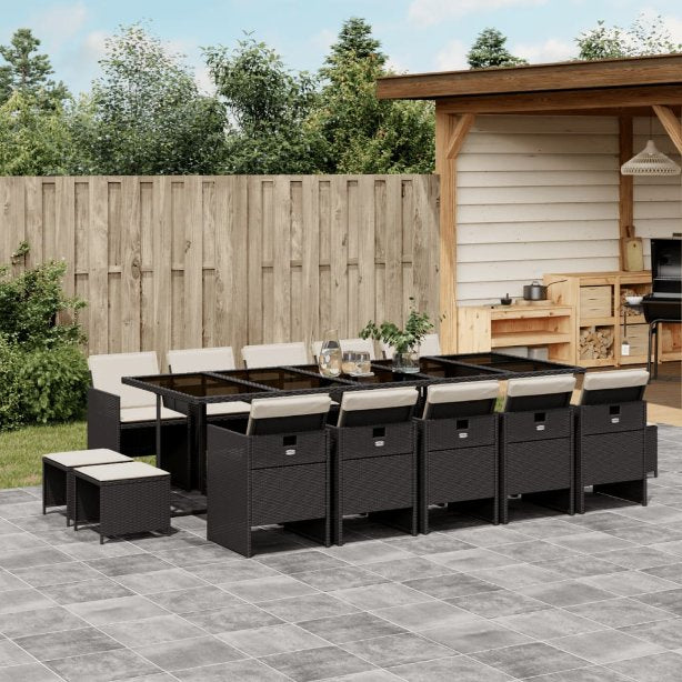 9-tlg. Garten-Essgruppe mit Kissen Schwarz Poly Rattan