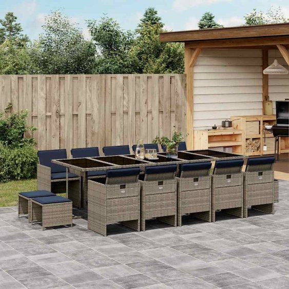 9-teiliges Garten-Ess-Set mit Kissen, grau, Polyrattan