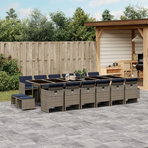9-teiliges Garten-Ess-Set mit Kissen, grau, Polyrattan
