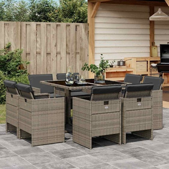 9-tlg. Garten-Essgruppe mit Kissen Schwarz Poly Rattan