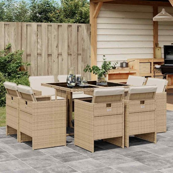 9-tlg. Garten-Essgruppe mit Kissen Schwarz Poly Rattan