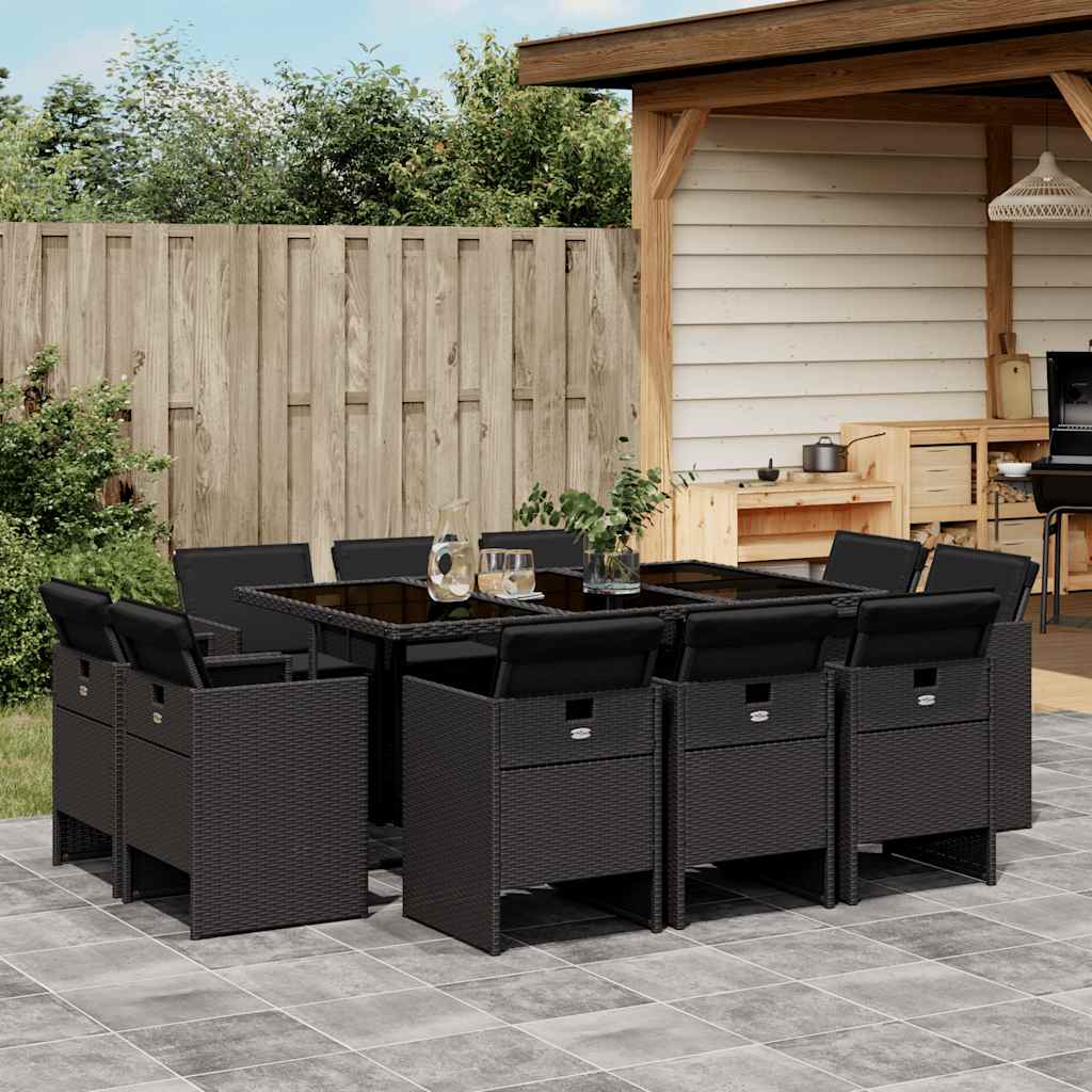 9-tlg. Garten-Essgruppe mit Kissen Schwarz Poly Rattan