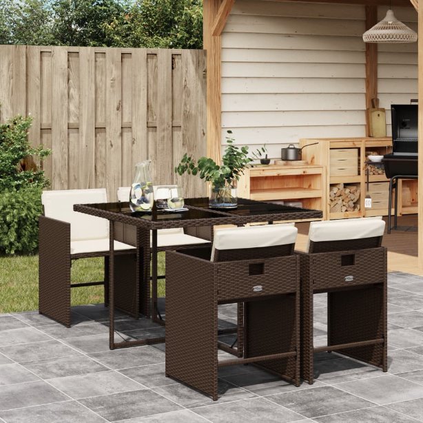 5-tlg. Garten-Essgruppe mit Kissen Schwarz Poly Rattan