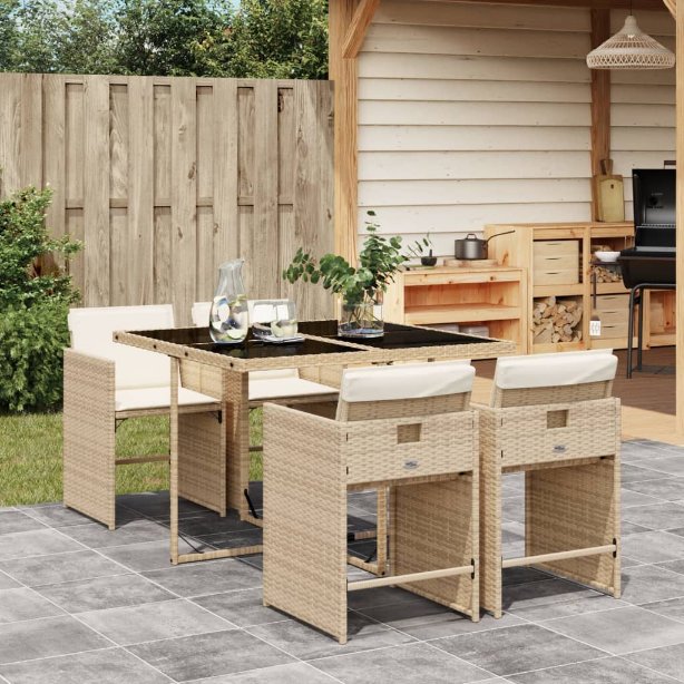 5-tlg. Garten-Essgruppe mit Kissen Schwarz Poly Rattan
