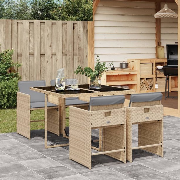 5-tlg. Garten-Essgruppe mit Kissen Schwarz Poly Rattan
