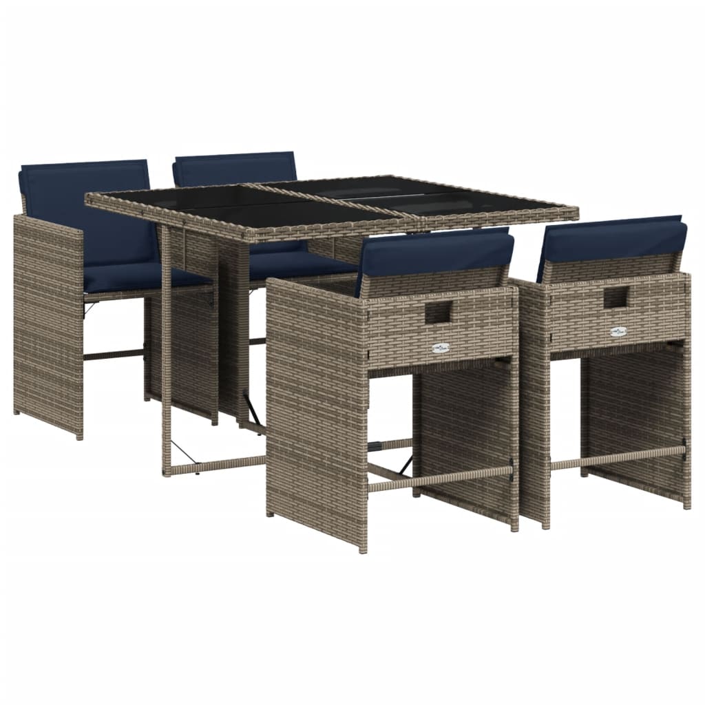 5-teiliges Garten-Ess-Set mit Kissen, grau, Polyrattan