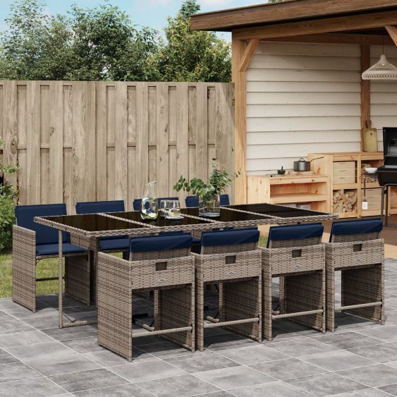 5-teiliges Garten-Ess-Set mit Kissen, grau, Polyrattan