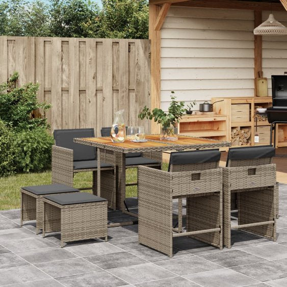 9-tlg. Garten-Essgruppe mit Kissen Schwarz Poly Rattan