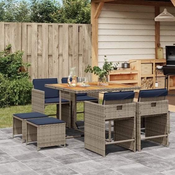 9-teiliges Garten-Ess-Set mit Kissen, grau, Polyrattan