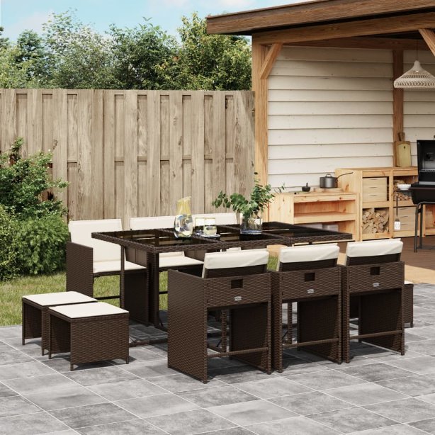 9-tlg. Garten-Essgruppe mit Kissen Schwarz Poly Rattan