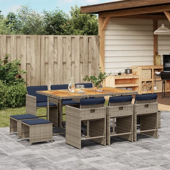 9-teiliges Garten-Ess-Set mit Kissen, grau, Polyrattan
