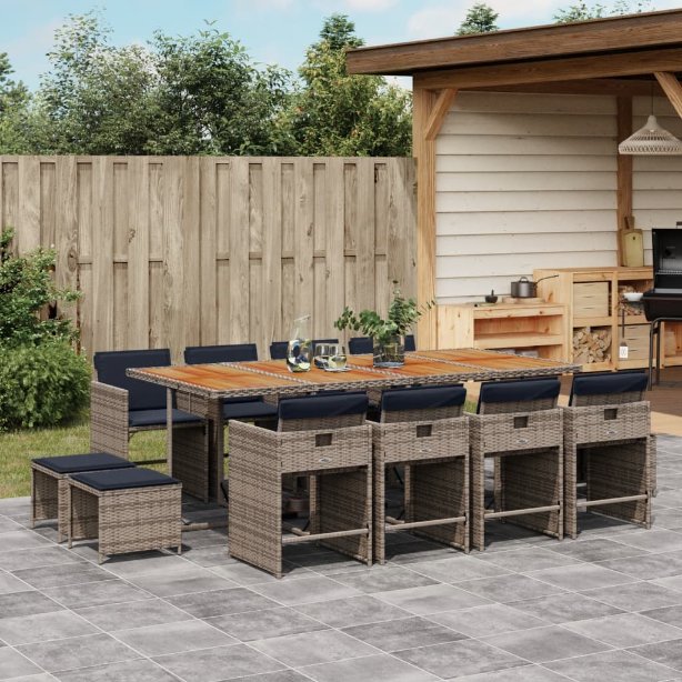 9-teiliges Garten-Ess-Set mit Kissen, grau, Polyrattan
