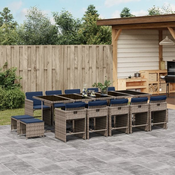 9-teiliges Garten-Ess-Set mit Kissen, grau, Polyrattan