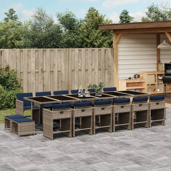 9-teiliges Garten-Ess-Set mit Kissen, grau, Polyrattan