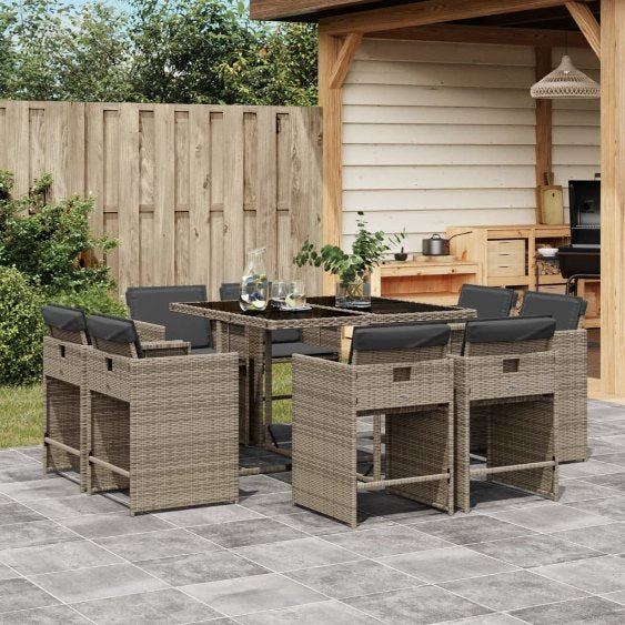 9-tlg. Garten-Essgruppe mit Kissen Schwarz Poly Rattan
