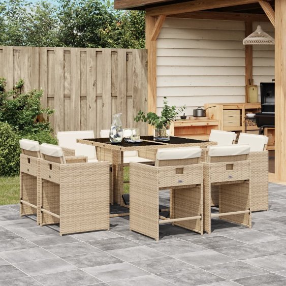 9-tlg. Garten-Essgruppe mit Kissen Schwarz Poly Rattan