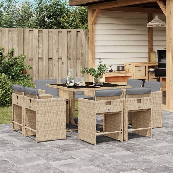 9-tlg. Garten-Essgruppe mit Kissen Schwarz Poly Rattan