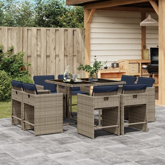 9-teiliges Garten-Ess-Set mit Kissen, grau, Polyrattan