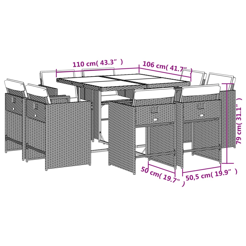 9-teiliges Garten-Ess-Set mit Kissen, grau, Polyrattan