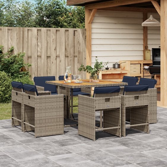 9-teiliges Garten-Ess-Set mit Kissen, grau, Polyrattan