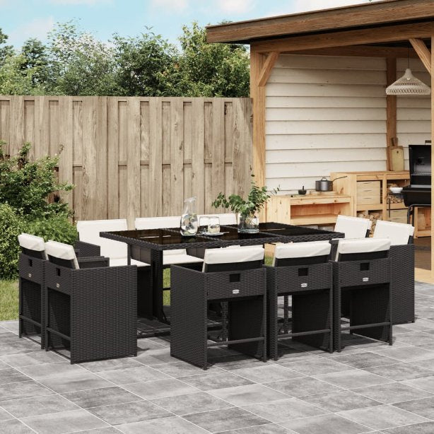 9-tlg. Garten-Essgruppe mit Kissen Schwarz Poly Rattan