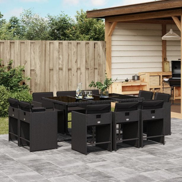 9-tlg. Garten-Essgruppe mit Kissen Schwarz Poly Rattan
