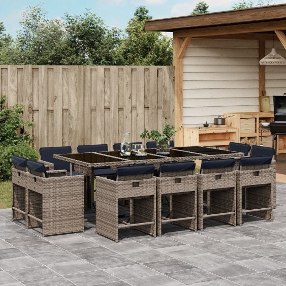 9-teiliges Garten-Ess-Set mit Kissen, grau, Polyrattan