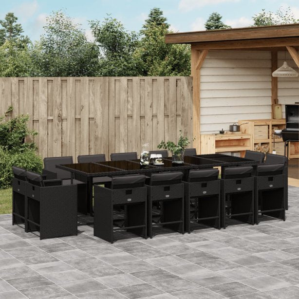 9-tlg. Garten-Essgruppe mit Kissen Schwarz Poly Rattan