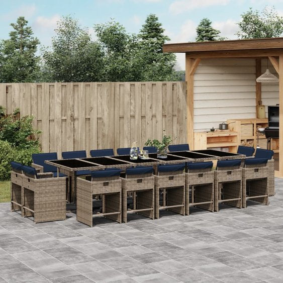 9-teiliges Garten-Ess-Set mit Kissen, grau, Polyrattan