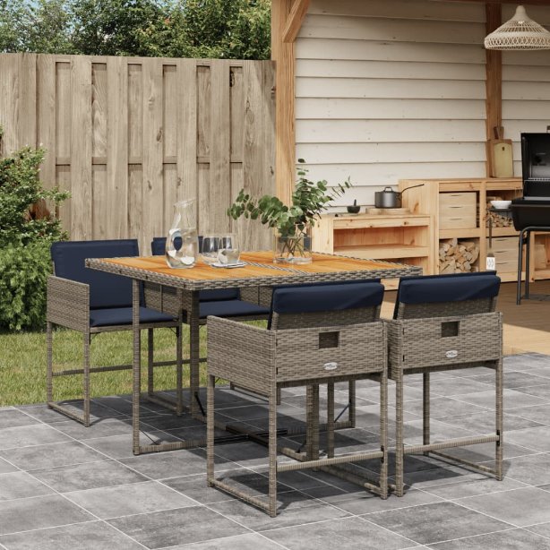 5-teiliges Garten-Ess-Set mit Kissen, grau, Polyrattan