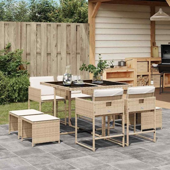 9-tlg. Garten-Essgruppe mit Kissen Schwarz Poly Rattan