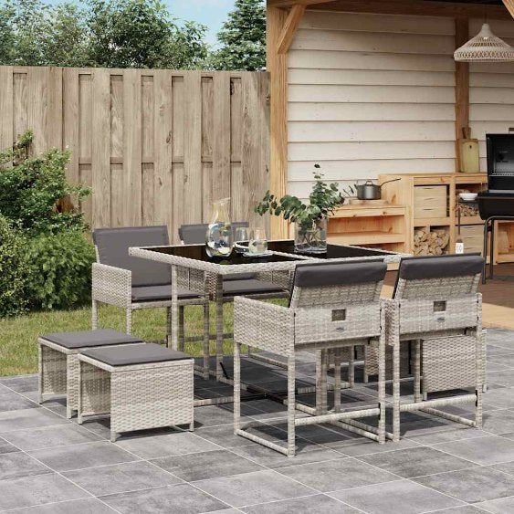 9-tlg. Garten-Essgruppe mit Kissen Schwarz Poly Rattan