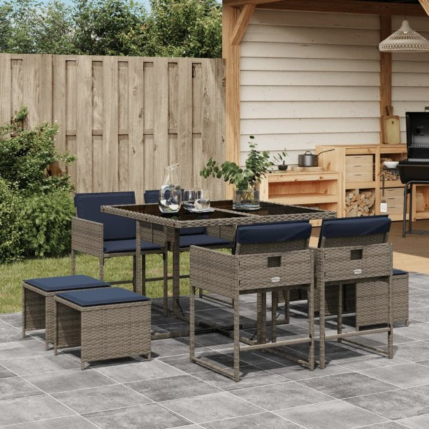 9-teiliges Garten-Ess-Set mit Kissen, grau, Polyrattan