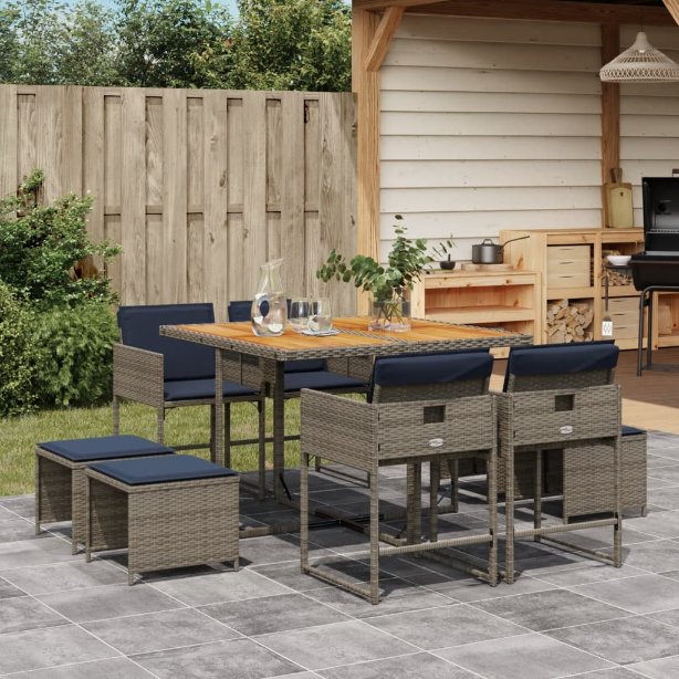 9-teiliges Garten-Ess-Set mit Kissen, grau, Polyrattan