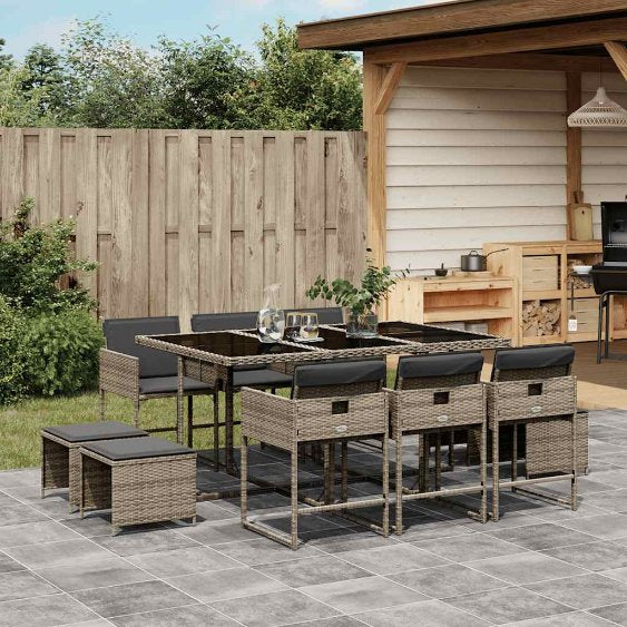9-tlg. Garten-Essgruppe mit Kissen Schwarz Poly Rattan
