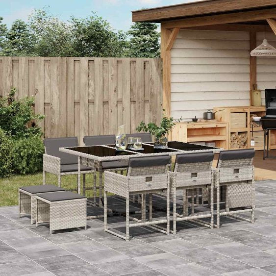 9-tlg. Garten-Essgruppe mit Kissen Schwarz Poly Rattan