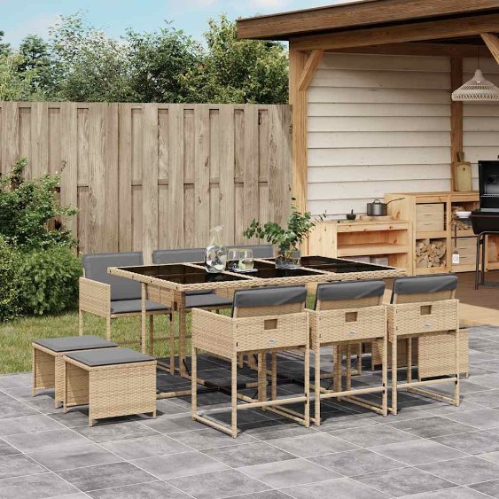 9-tlg. Garten-Essgruppe mit Kissen Schwarz Poly Rattan