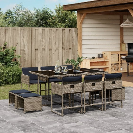 9-teiliges Garten-Ess-Set mit Kissen, grau, Polyrattan