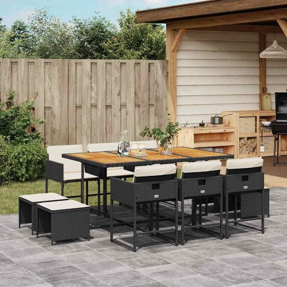 9-tlg. Garten-Essgruppe mit Kissen Schwarz Poly Rattan