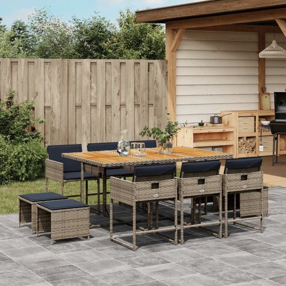 9-teiliges Garten-Ess-Set mit Kissen, grau, Polyrattan