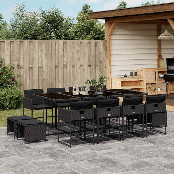 9-tlg. Garten-Essgruppe mit Kissen Schwarz Poly Rattan