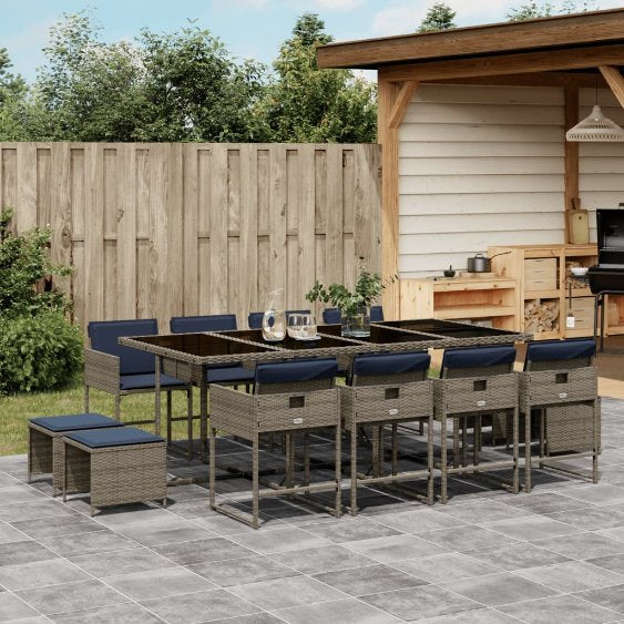 9-teiliges Garten-Ess-Set mit Kissen, grau, Polyrattan