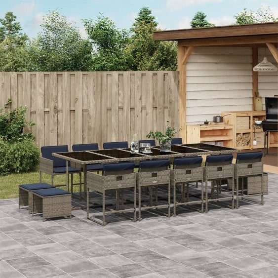 9-teiliges Garten-Ess-Set mit Kissen, grau, Polyrattan
