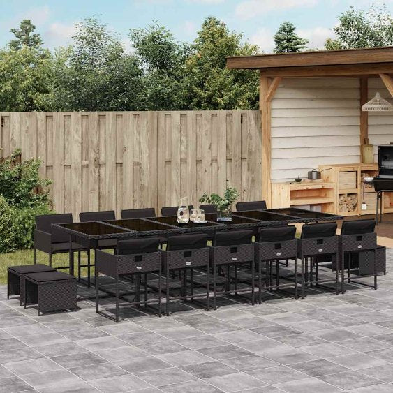 9-tlg. Garten-Essgruppe mit Kissen Schwarz Poly Rattan