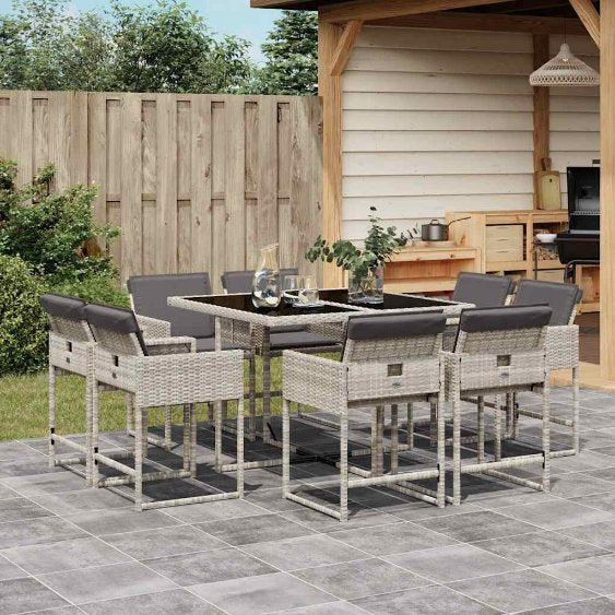 9-tlg. Garten-Essgruppe mit Kissen Schwarz Poly Rattan