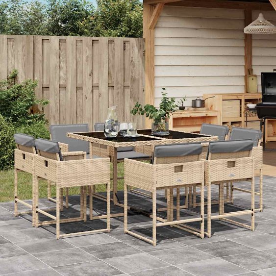 9-tlg. Garten-Essgruppe mit Kissen Schwarz Poly Rattan