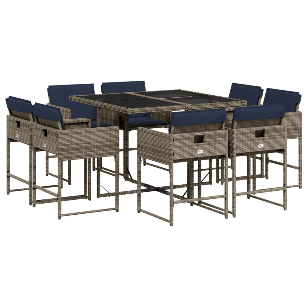 9-teiliges Garten-Ess-Set mit Kissen, grau, Polyrattan