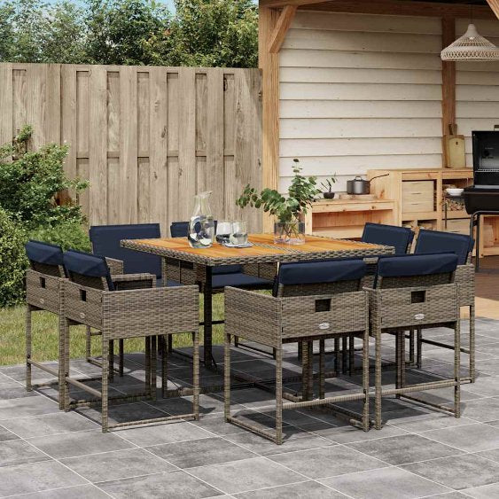9-tlg. Garten-Essgruppe mit Kissen Schwarz Poly Rattan