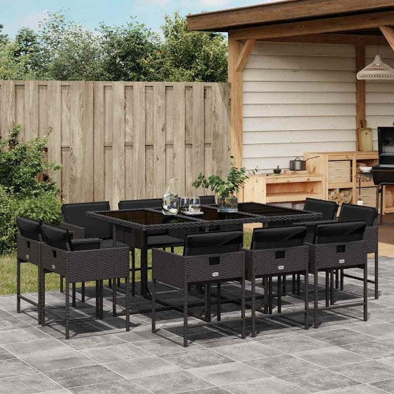 9-tlg. Garten-Essgruppe mit Kissen Schwarz Poly Rattan