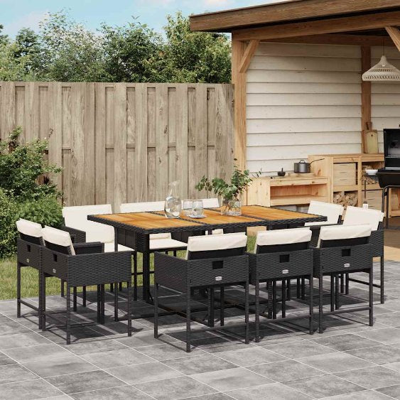 9-tlg. Garten-Essgruppe mit Kissen Schwarz Poly Rattan